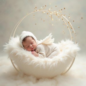 Puede incluir: Un bebé recién nacido duerme plácidamente en un nido esponjoso de color crema. El bebé lleva un gorro de punto blanco y un mono color crema con alas de ángel adjuntas. Confeti dorado en forma de estrella y un aro dorado rodean al bebé, creando una escena de ensueño.
