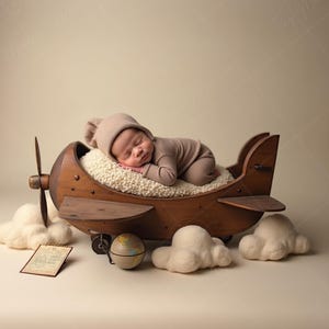 Può includere: Un neonato addormentato, vestito con un completo e un cappello beige, riposa in un'elica di un aereo di legno. L'aereo ha un'elica e ruote. Nuvole bianche e un piccolo globo sono posti intorno all'aereo. È presente anche una carta in stile vintage.