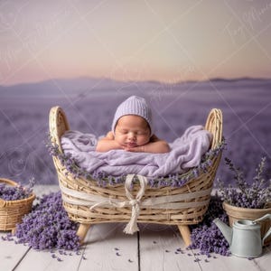 May include: A newborn baby wearing a purple hat sleeps in a wicker basket lined with a purple blanket. The basket is surrounded by lavender flowers and a small watering can.