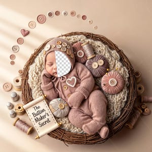 Puede incluir: Un bebé recién nacido con un conjunto y gorro rosa, adornado con botones, descansa en un nido tejido. La escena incluye carretes de hilo, alfileteros adornados con botones y un pergamino con el texto "The Button Maker's Secret."