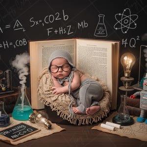 May include: A newborn baby wearing glasses and a gray cap, sleeping in a nest inside an open book. The background features science-themed props like beakers, light bulbs, and a chalkboard with equations. A small robot is also present.