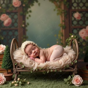 Puede incluir: Un recién nacido dormido descansa plácidamente en una cama de madera vintage adornada con vegetación artificial y una manta color crema. La escena está ambientada en un telón de fondo con temática de jardín con rosas y árboles de hoja perenne en miniatura. También hay una pila de libros viejos y una rosa.