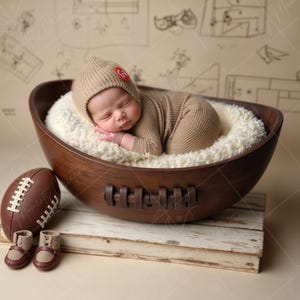 May include: A newborn baby wearing a brown knitted hat with a red button sleeps in a brown wooden bowl with a white fluffy lining. A brown and white football and brown leather booties are on a white wooden surface in front of the bowl.