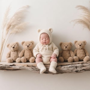 May include: A newborn baby wearing a cream-colored bear outfit and hat, seated on a rustic wooden shelf. Four plush teddy bears flank the baby. Dried ornamental grass adds a soft touch to the background.