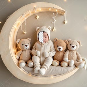 PSD: Face Insert Baby on Crescent Moon with Teddy Bears, Newborn Digital Face Replace Backdrop | Newborn Digital Backdrop