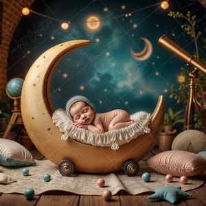 May include: A newborn baby sleeping in a crescent moon-shaped prop, decorated with stars. The backdrop is a blue and green starry sky with a telescope and other celestial decor.