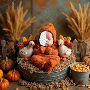 May include: A newborn baby wearing a brown knitted outfit is sleeping in a rustic fall-themed setting. The baby is surrounded by pumpkins, gourds, and fall foliage.