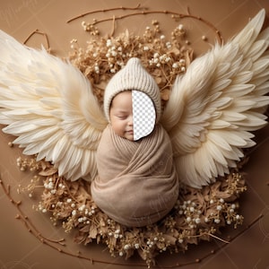 May include: A newborn baby wearing a white knitted hat and wrapped in a brown blanket, with large white feathery wings behind them. The baby is lying on a bed of dried flowers.