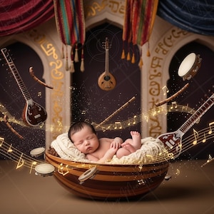 Newborn Digital Backdrop Musical Symphony with Whimsical Instruments and Rich Textures for Photography