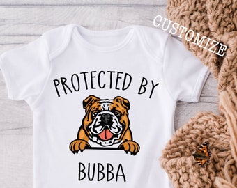 Protected by English Bulldog  Baby Onesie® Bodysuit - Personalized