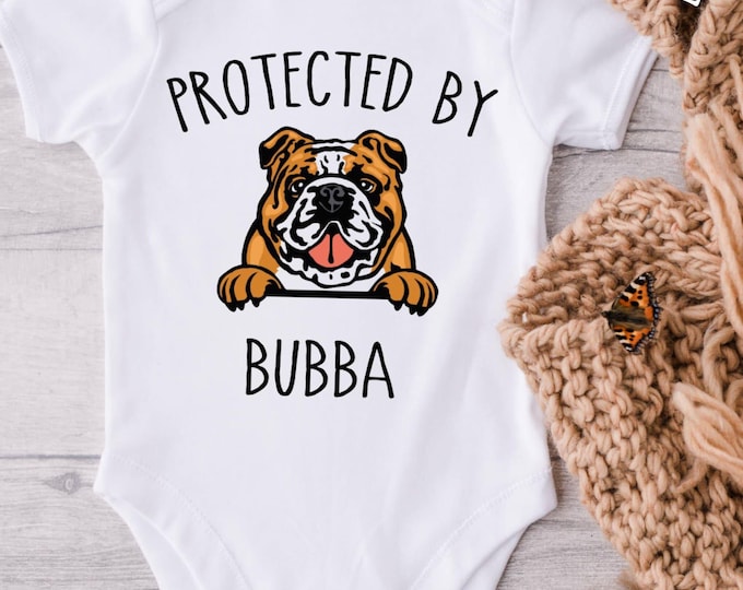 Protected by English Bulldog  Baby Onesie® Bodysuit - Personalized
