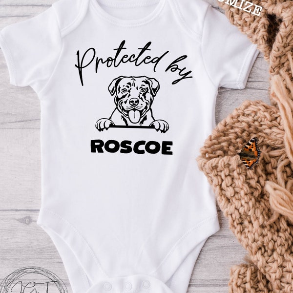 Dog Baby Bodysuit, Personalized, Protected by Pit Bull, Pets, Kid's Shirt, Toddler T-Shirt