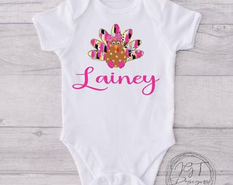 Personalized Thanksgiving Baby Onesie Bodysuit - Coquette Pink Turkey
