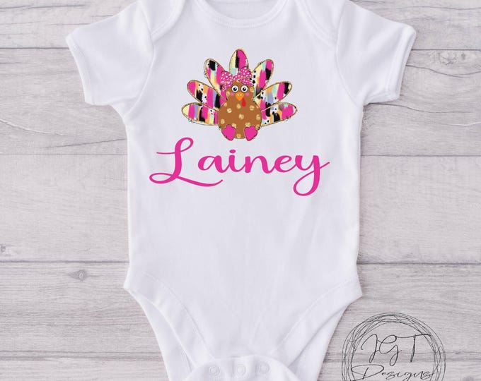 Personalized Thanksgiving Baby Onesie Bodysuit - Coquette Pink Turkey