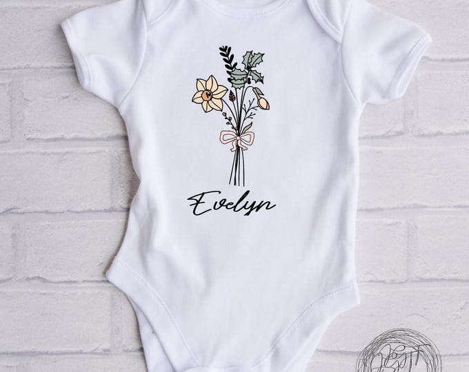 Personalized December Birth Month Flower -  Baby Onesie® Bodysuit - Minimalist Boho Bodysuit
