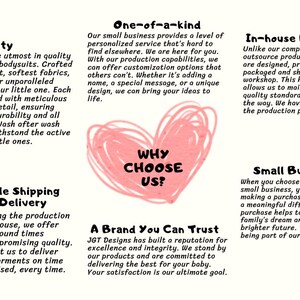 The image is a brochure or flyer with text and images, promoting a small business that offers personalized service and customizable baby clothing.