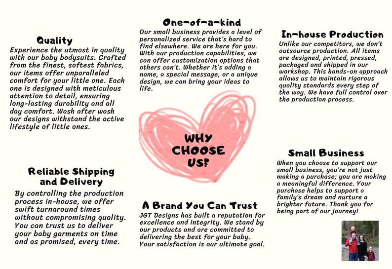 The image is a brochure or flyer with text and images, promoting a small business that offers personalized service and customizable baby clothing.