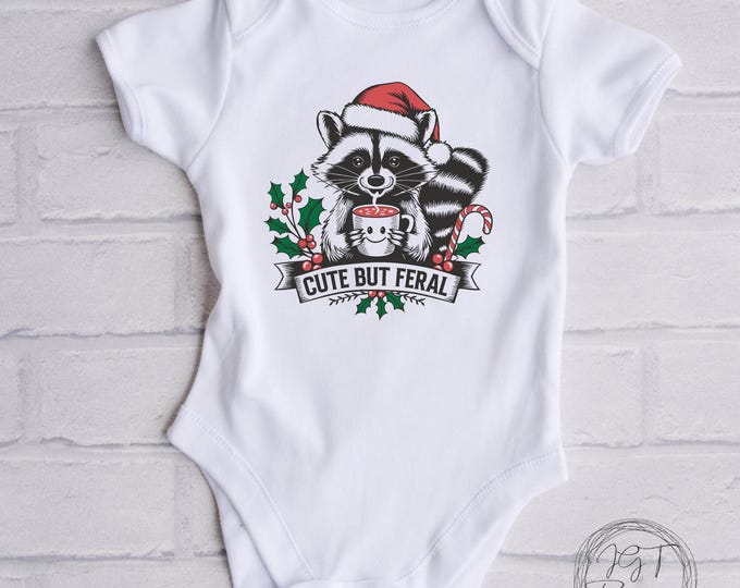 Cute But Feral - Christmas Baby  Onesie Bodysuit - Raccoon