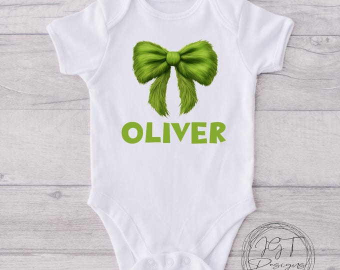 Personalized Green Fuzzy Bow Christmas Baby Onesie® Bodysuit