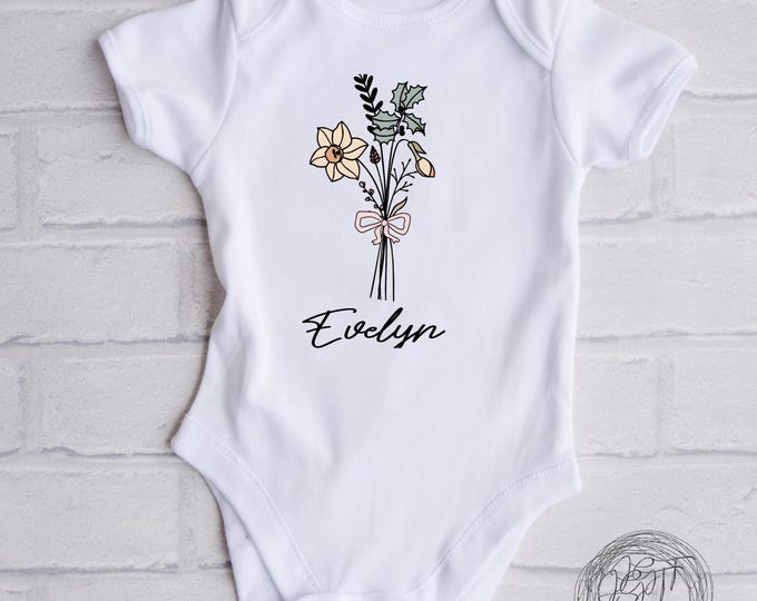 Personalized December Birth Month Flower -  Baby Onesie® Bodysuit - Minimalist Boho Bodysuit