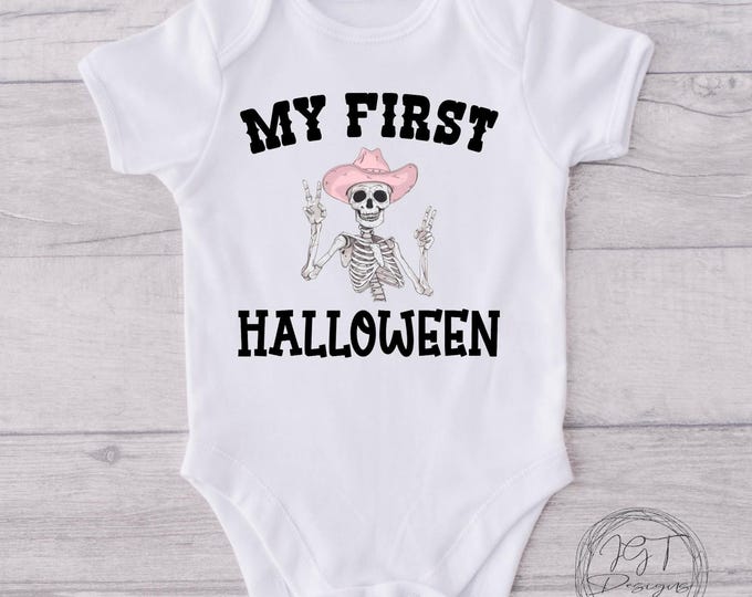 My First Halloween Baby Onesie®, Skeleton in Pink Cowboy Hat Infant Bodysuit