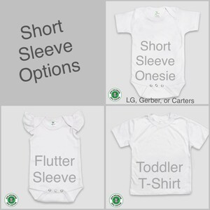 four different short sleeve options for baby clothing: a flutter sleeve, a toddler sleeve, a short sleeve onesie, and a short sleeve t-shirt.