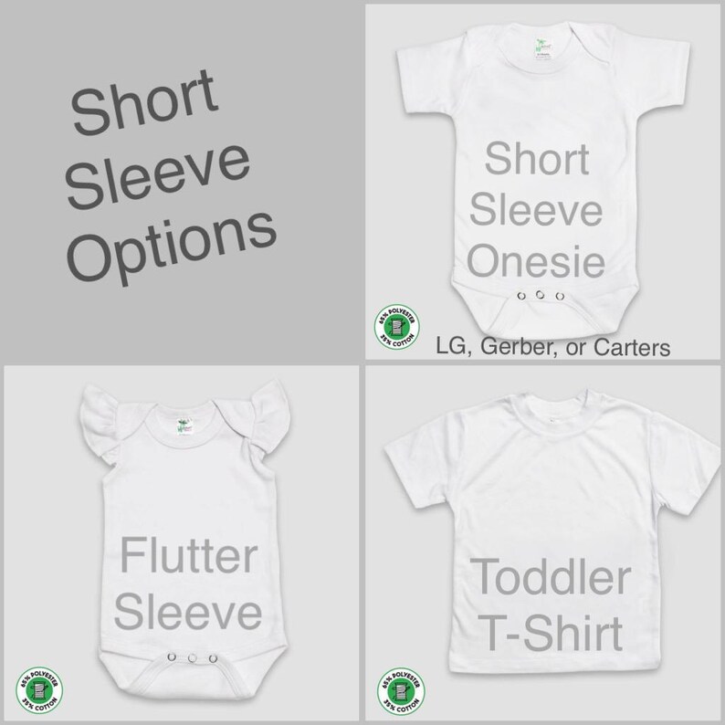 four different short sleeve options for baby clothing: a flutter sleeve, a toddler sleeve, a short sleeve onesie, and a short sleeve t-shirt.