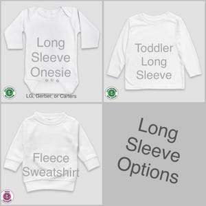 four different white long sleeve onesies, each with a different label indicating the type of long sleeve option: toddler long sleeve, long sleeve onesie, long sleeve sweater, and long sleeve options.