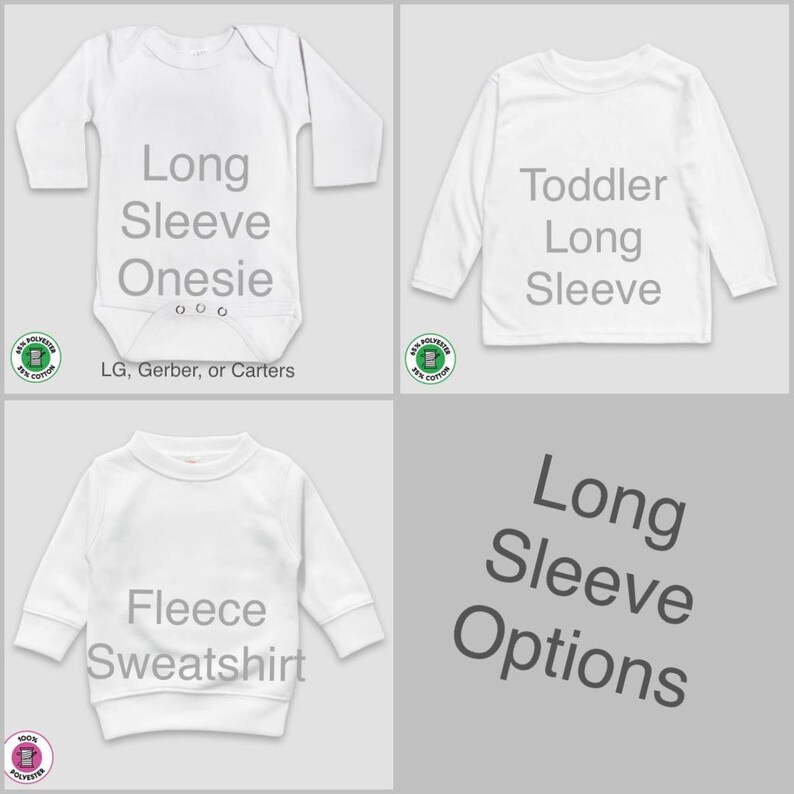 four different white long sleeve onesies, each with a different label indicating the type of long sleeve option: toddler long sleeve, long sleeve onesie, long sleeve sweater, and long sleeve options.