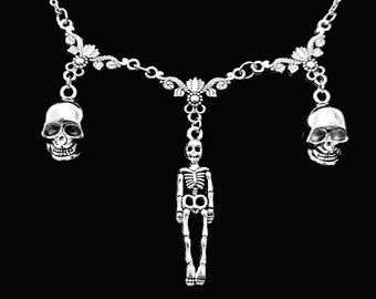Ornate Triple Charm Skeleton and Skulls necklace horror Halloween bones day of the dead Skull punk Goth Gothic macabre skellington