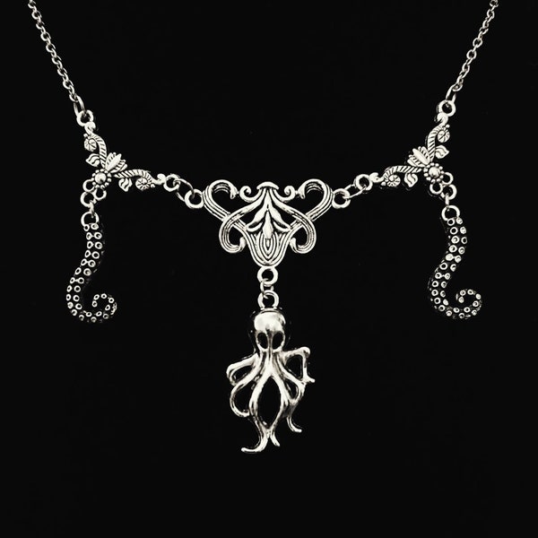 Cthulhu Kraken Triple Charm Silver Metal Squid Tentacle Necklace Amulet Pendant Monster