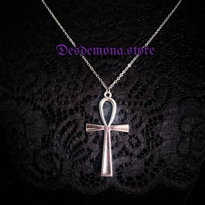 Large Ankh Silver Tone Cross Charm Necklace Pendant Amulet Occult Goth Gothic