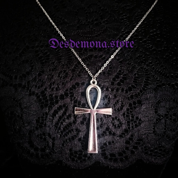 Large Ankh Silver Tone Cross Charm Necklace Pendant Amulet Occult Goth Gothic