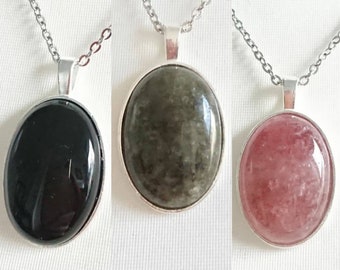 Onyx Strawberry Quartz Labradorite Genuine Gemstone Crystal Cabochon Oval Pendant Necklace Metaphysical Natural Therapy Healing