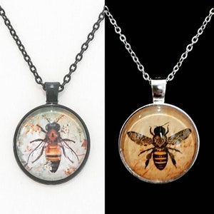 Bee Pendant Round Glass Cabochon Necklace Silver or Black Chain Insect Animal Nature Honey Bumble Gothic Curiosity Nature