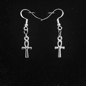 Mini Tiny Ankh Cross Silver Metal Hook Earrings Punk Alternative Gothic Vampire Closed clasp