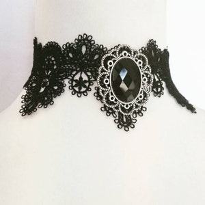 Black Faceted Cabochon Gem Lace Choker with Removable Brooch Vampire Gothic with Neo Victorian Jewellery Crystal