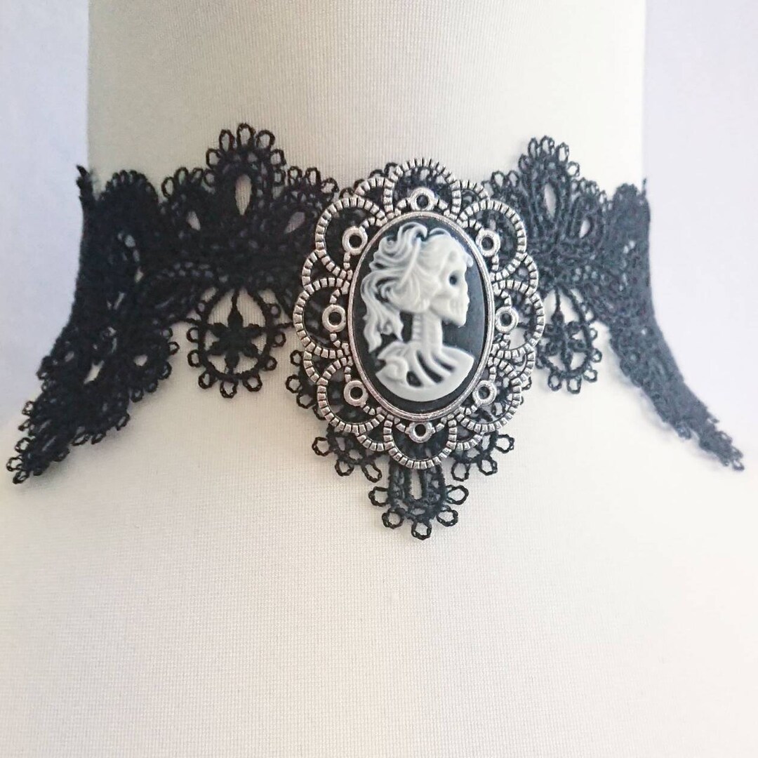 Black Lace Choker With Dead Girl Skull Cameo Removable Brooch Vampire ...