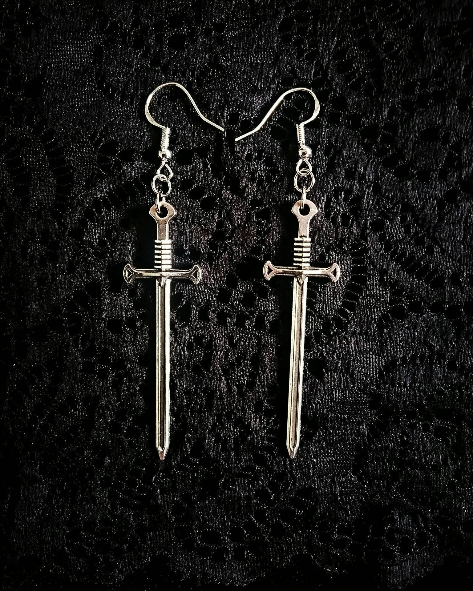 Medieval Sword Earrings Silver Metal Hook Earrings Dagger Gothic Vamp…