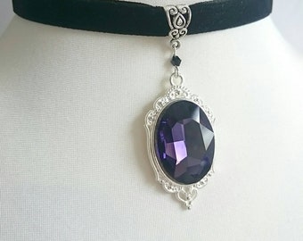Black Double Sided Velvet Choker Faceted Crystal Cabochon