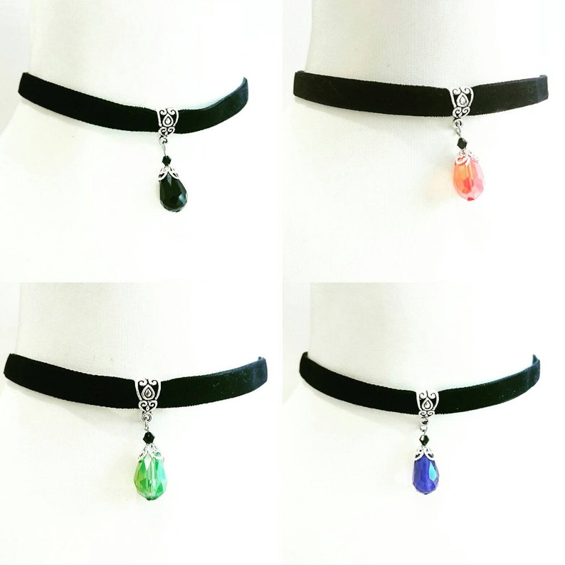 Double sided Velvet Ribbon Choker Crystal Glass Drop Faceted Red Black Blue or Green Goth Gothic Necklace Vampire Princess