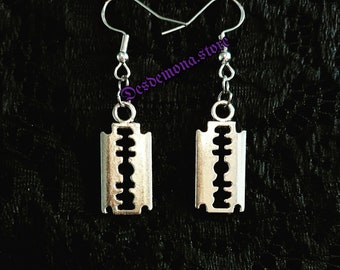 Mini Razor Blade Earrings Silver Metal Hook Earrings Punk Gothic Goth Alternative Closed clasp