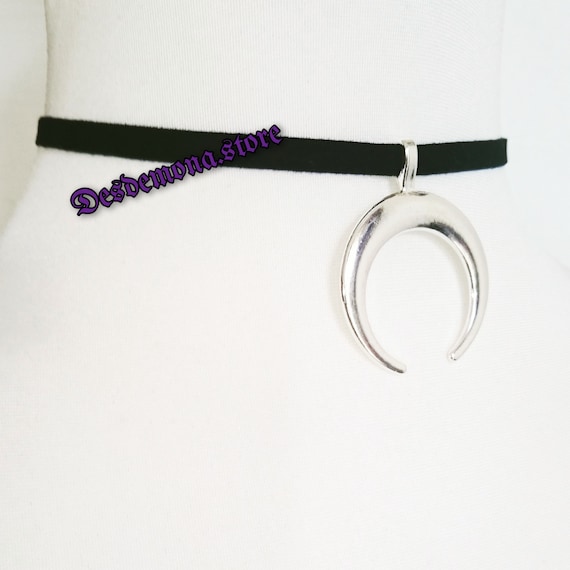 Crescent Moon Choker Silver Metal Suedette Nu Goth Pagan Occult