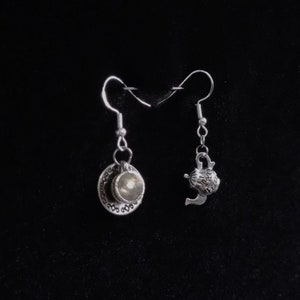 3D Teacup and Saucer and Teapot Earrings Alice in Wonderland Fantasy Tea Cup Silver tone pewter effect silver plated hooks