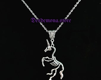 Skeleton Unicorn Necklace Silver Metal Pendant Charm Gothic Fantasy Macabre Bones Goth Fairytale