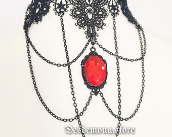 Ruby Red Black Green White Purple Faceted Crystal Glass Gem Lace 'Lucy' Choker Burlesque Vampire Gothic Neo Chandelier