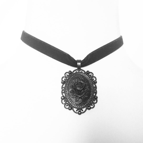 Traditional Gothic Jet Black Style Velvet Choker Rose Cameo Funeral Mourning Jewellery