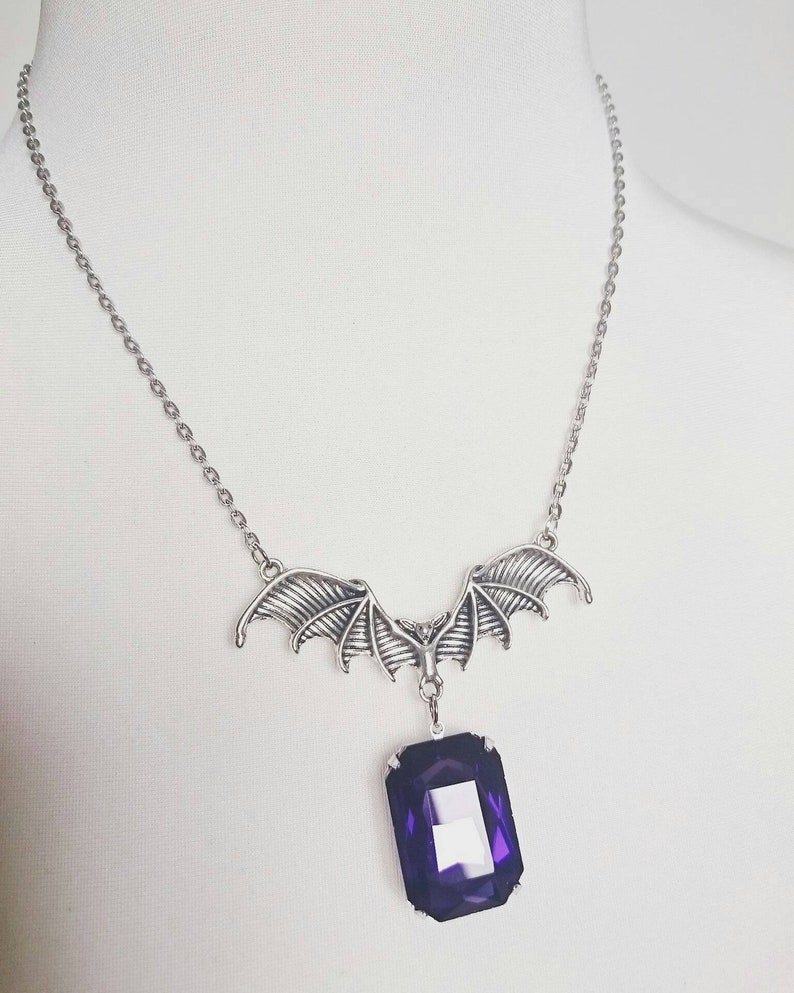 Raised by a Bat Purple faceted Crystal Glass Octagon Stone Pewter Necklace Gothic Vampire Jewellery Victorian Fantasy