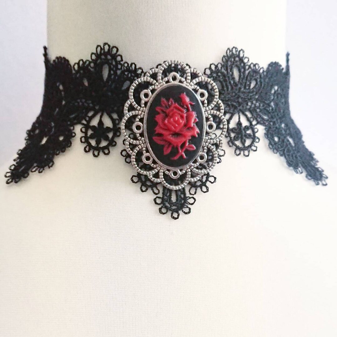 Black Lace Choker With Red Rose Cameo Removable Brooch Vampire Gothic ...