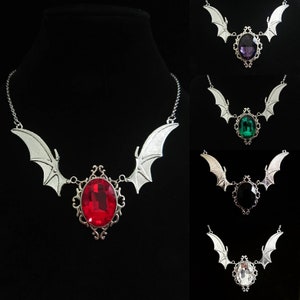 Bat Wing 'Vivienne' Faceted Black Red Green White Purple Glass Cabochon Crystal Goth Gothic Short Necklace Vampire Princess